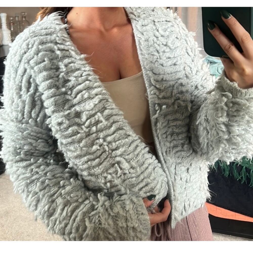 SCOOP WYELASH RIBBONED KNIT CARDIGAN SILVER SIZE L - Picture 2 of 7